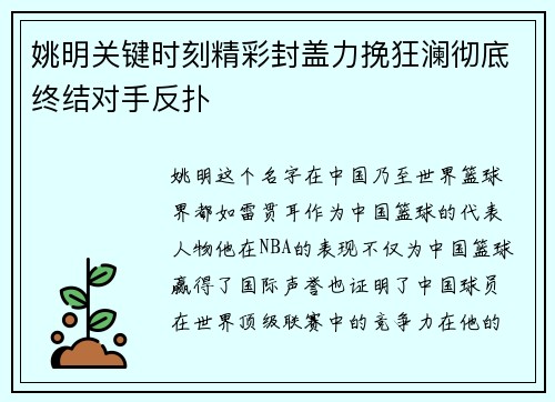 姚明关键时刻精彩封盖力挽狂澜彻底终结对手反扑